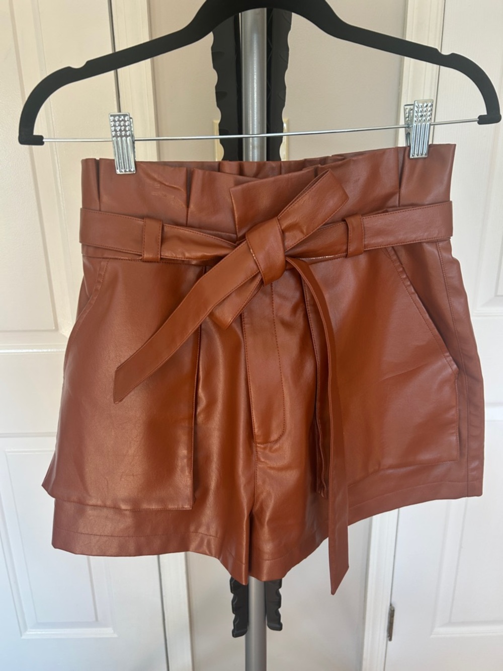 Lovers + Friends High-Waist Faux Leather Tie Shorts — Rust Brown